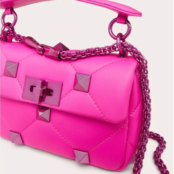 Valentino Rockstud Napa Leather Shoulder Bag Fuchsia Pink PP Small - Picture 1 of 10